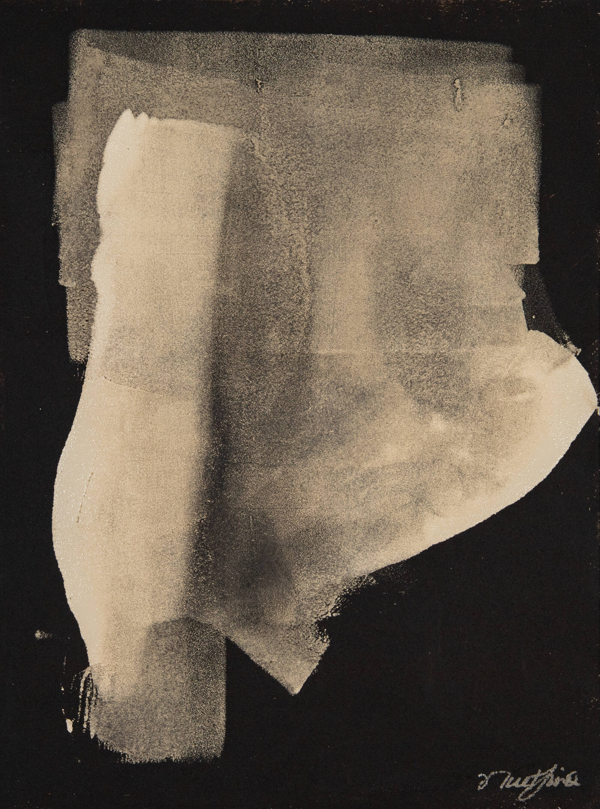 Abstract painting with a tan shape on top of a dark black background.